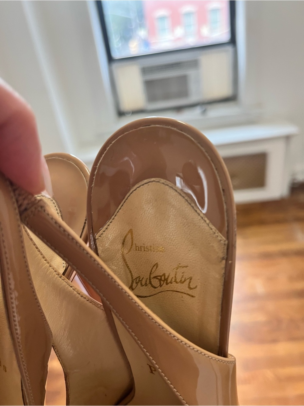 Christian Louboutin Nude Patent Peep-Toe Slingback Pumps - Picture 3 of 10